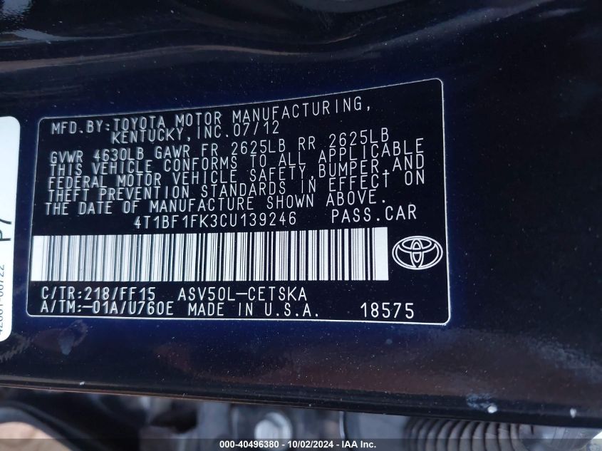 4T1BF1FK3CU139246 2012 Toyota Camry Se