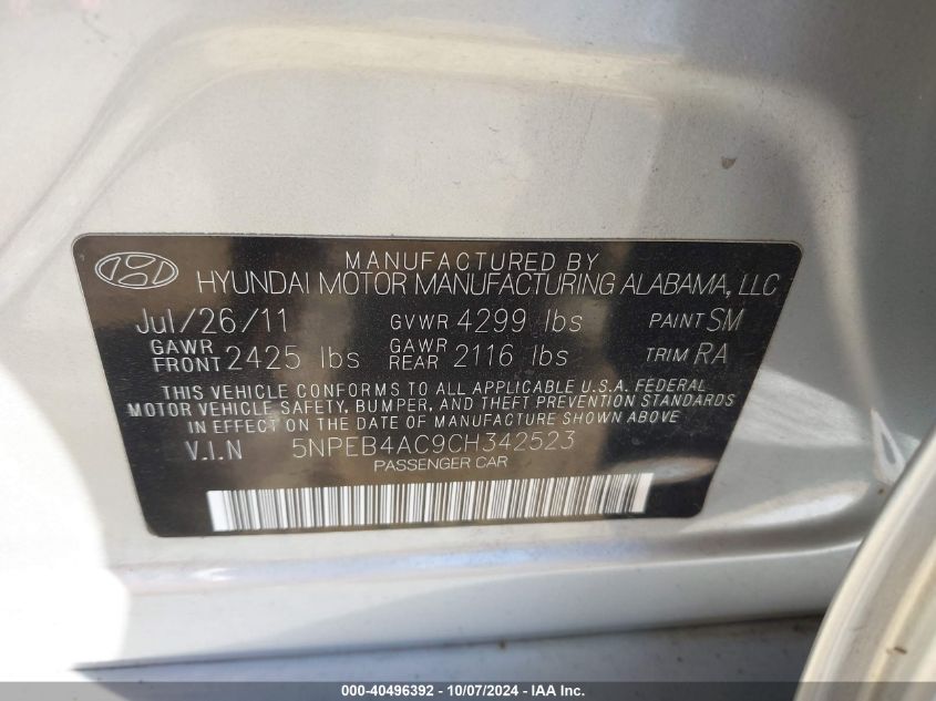 5NPEB4AC9CH342523 2012 Hyundai Sonata Gls