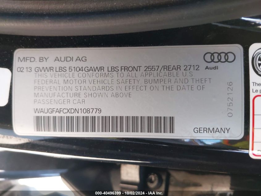 2013 Audi A6 2.0T Premium VIN: WAUGFAFCXDN108779 Lot: 40496399