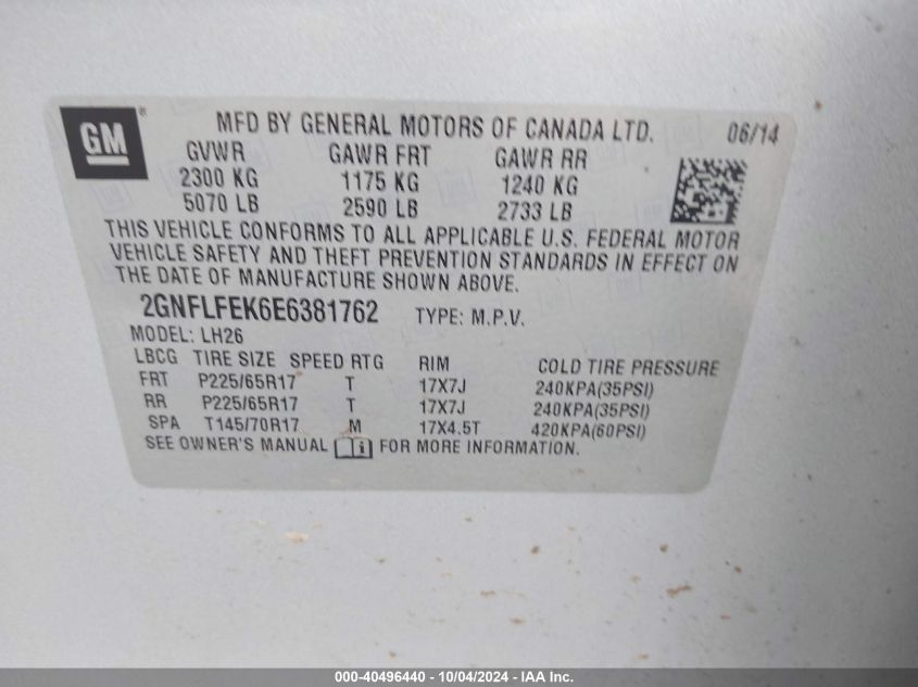 2GNFLFEK6E6381762 2014 Chevrolet Equinox 1Lt