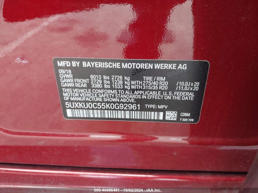 2019 BMW X6 SDRIVE35I VIN: 5UXKU0C55K0G92961