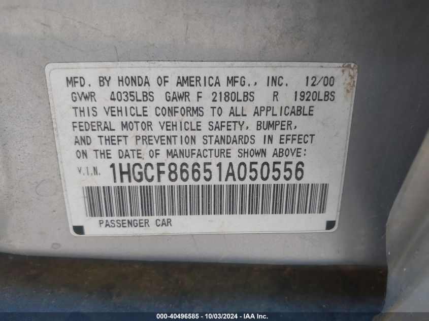 1HGCF86651A050556 2001 Honda Accord Value Package