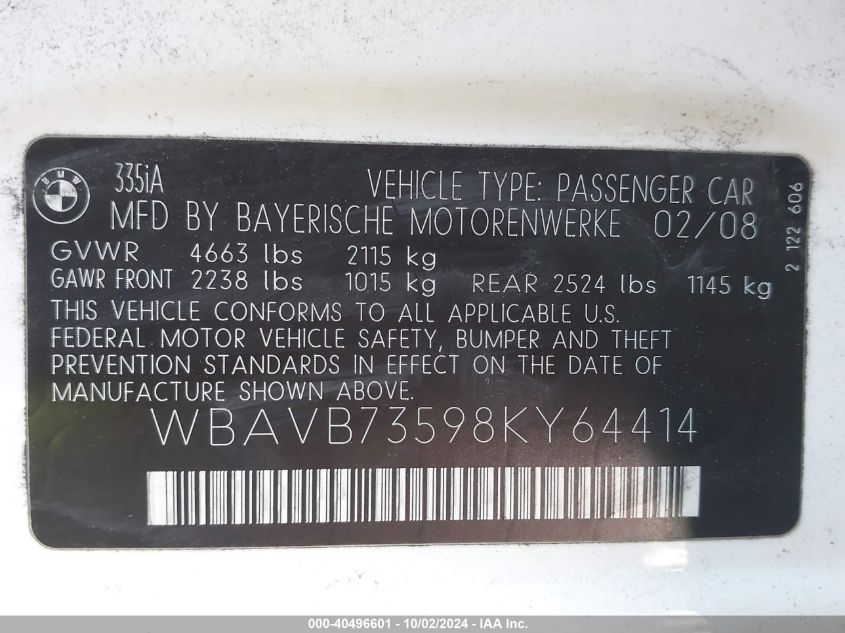 WBAVB73598KY64414 2008 BMW 335I