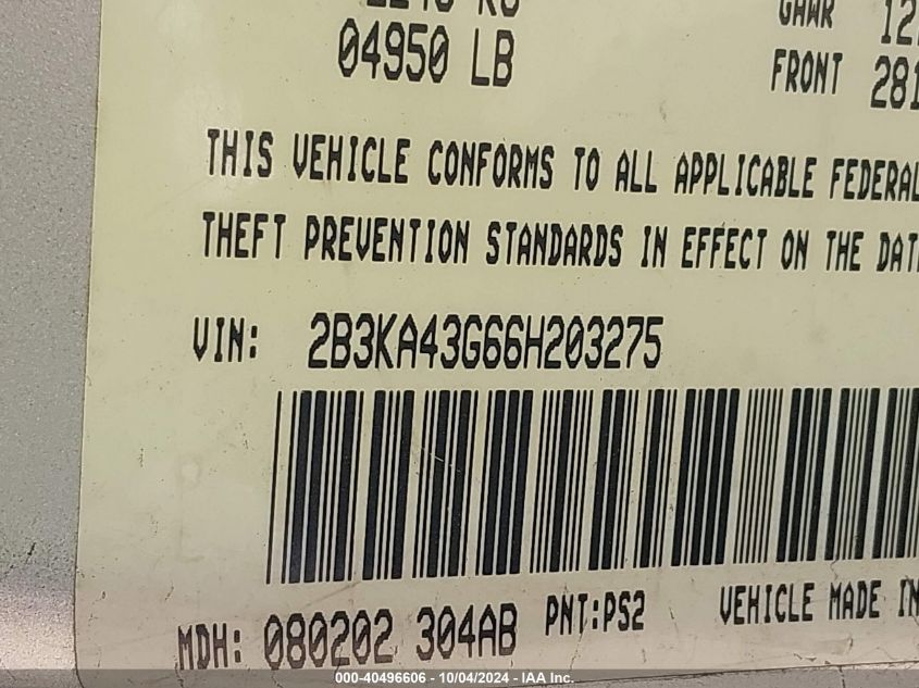 2006 Dodge Charger VIN: 2B3KA43G66H203275 Lot: 40496606