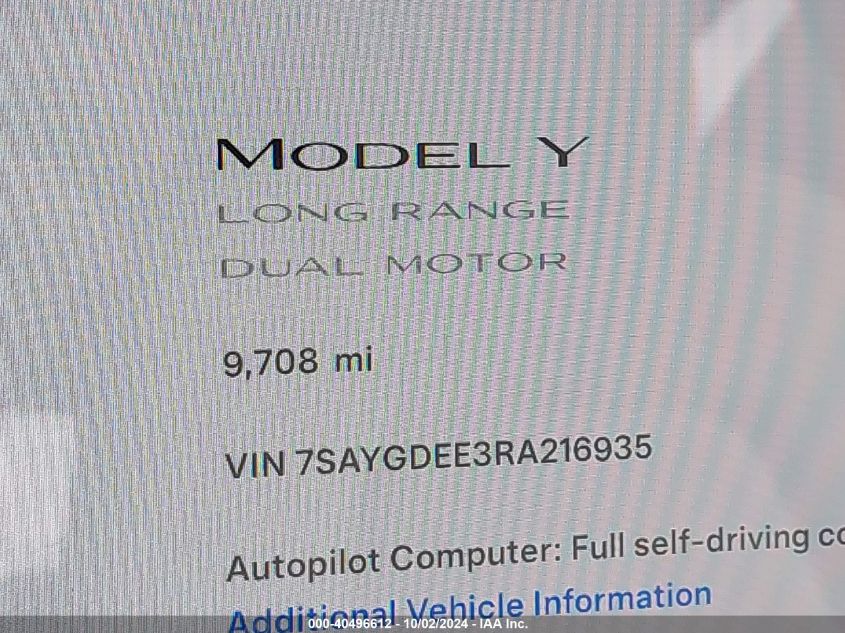 2024 Tesla Model Y Long Range Dual Motor All-Wheel Drive VIN: 7SAYGDEE3RA216935 Lot: 40496612