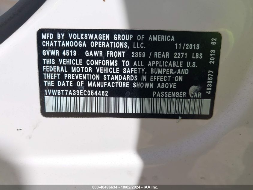 1VWBT7A33EC054462 2014 Volkswagen Passat 1.8T Se