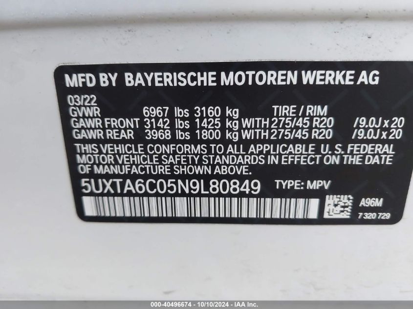 2022 BMW X5 Phev xDrive45E VIN: 5UXTA6C05N9L80849 Lot: 40496674