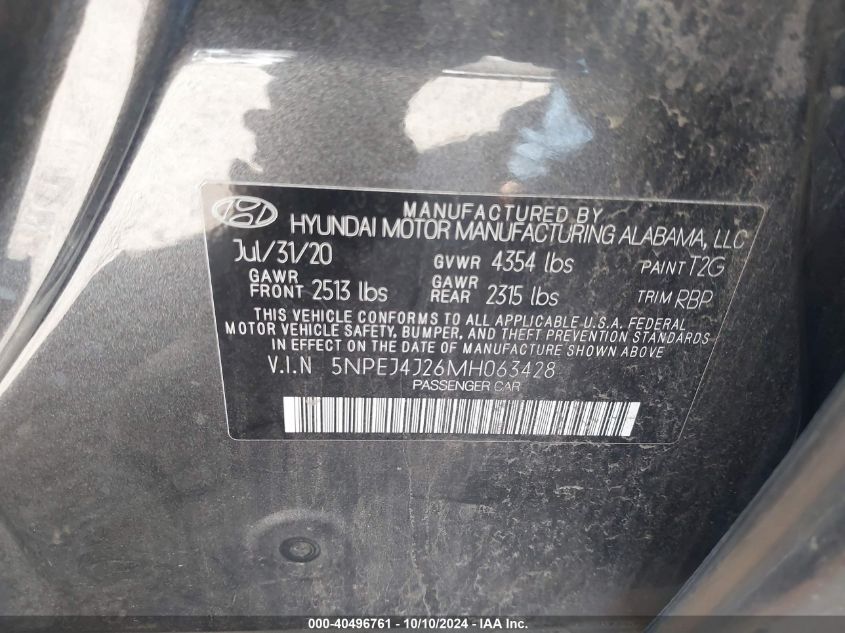 2021 Hyundai Sonata Sel Plus VIN: 5NPEJ4J26MH063428 Lot: 40496761