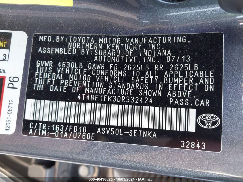 4T4BF1FK3DR332424 2013 Toyota Camry Le