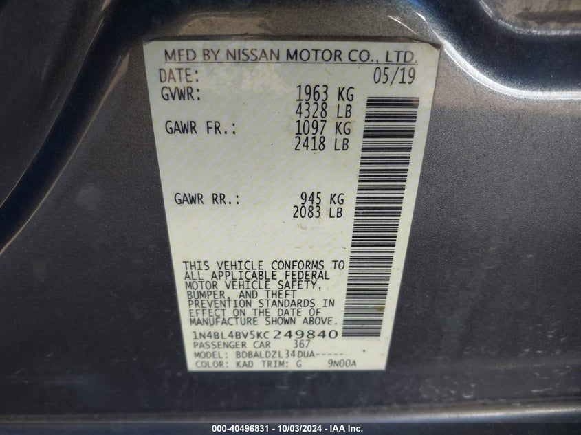 1N4BL4BV5KC249840 2019 Nissan Altima 2.5 S