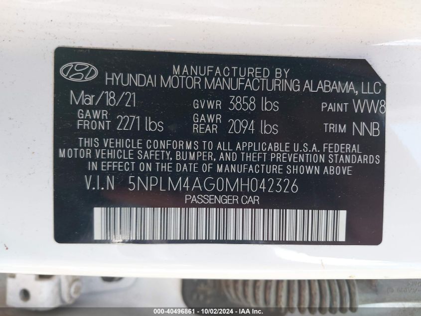 2021 Hyundai Elantra Sel VIN: 5NPLM4AG0MH042326 Lot: 40496861