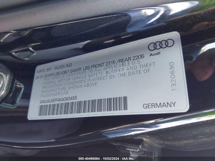 2019 Audi A3 40 Premium/40 Titanium Premium VIN: WAUAUGFF4KA083455 Lot: 40496864