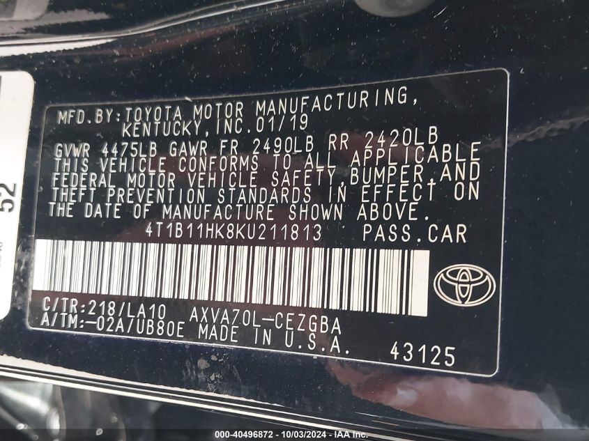 4T1B11HK8KU211813 2019 Toyota Camry Xle