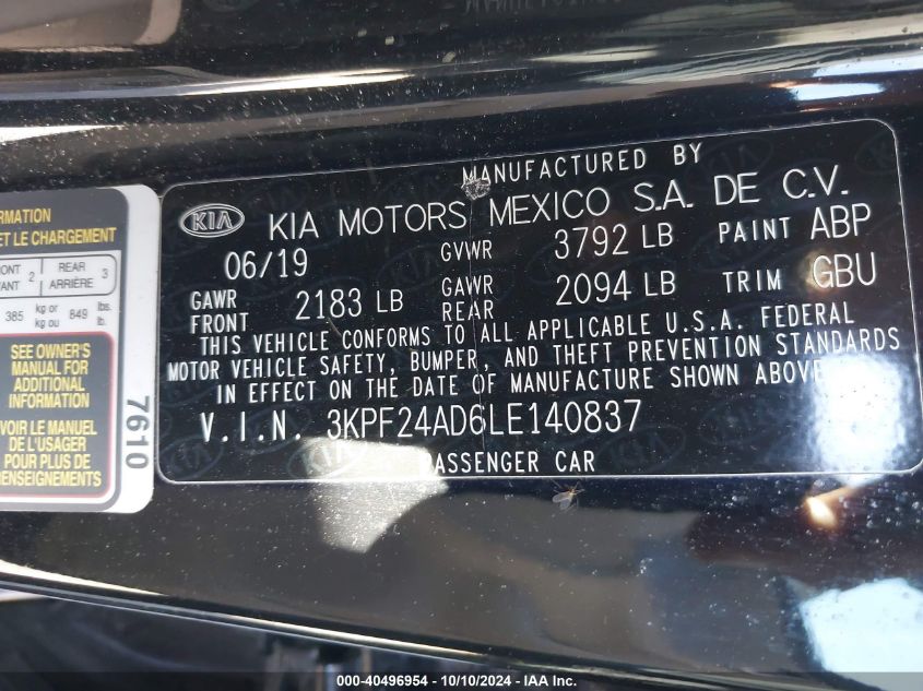 2020 Kia Forte Lxs VIN: 3KPF24AD6LE140837 Lot: 40496954