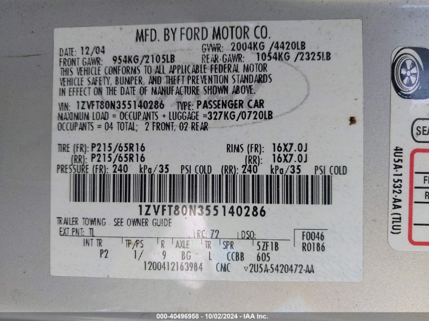 1ZVFT80N355140286 2005 Ford Mustang V6 Deluxe/V6 Premium