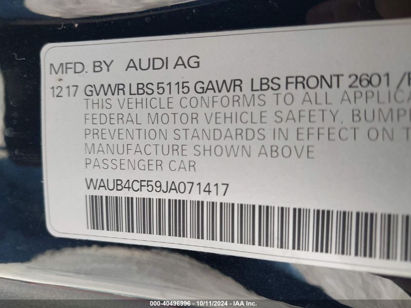 2018 Audi S5 3.0T Premium Plus VIN: WAUB4CF59JA071417 Lot: 40496996