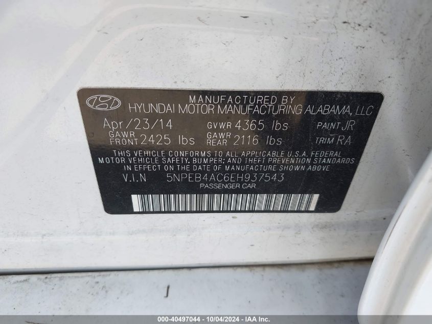 5NPEB4AC6EH937543 2014 Hyundai Sonata Gls