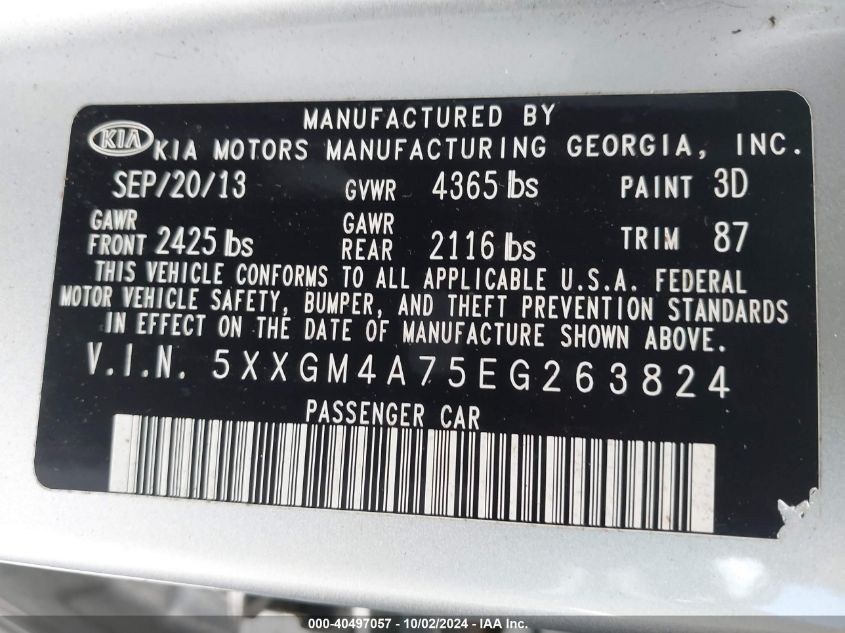 5XXGM4A75EG263824 2014 Kia Optima Lx