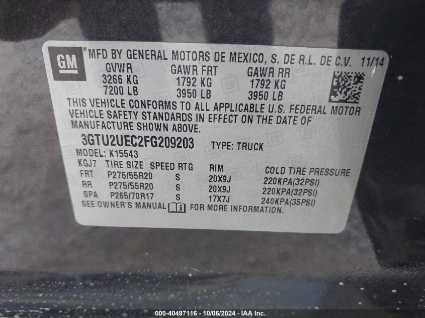 3GTU2UEC2FG209203 2015 GMC Sierra K1500 Sle