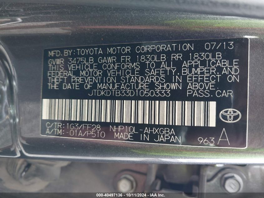 JTDKDTB33D1050333 2013 Toyota Prius C Three