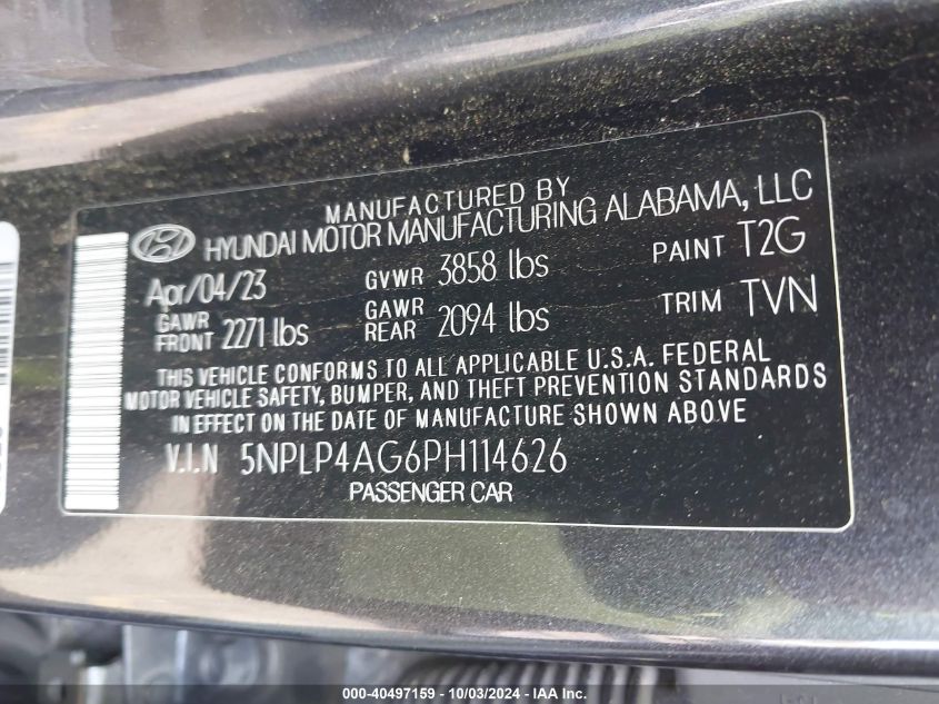 2023 Hyundai Elantra Limited VIN: 5NPLP4AG6PH114626 Lot: 40497159