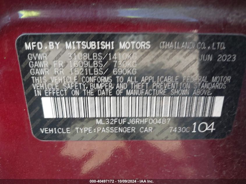 2024 Mitsubishi Mirage G4 Black Edition/Es/Le VIN: ML32FUFJ6RHF00487 Lot: 40497172