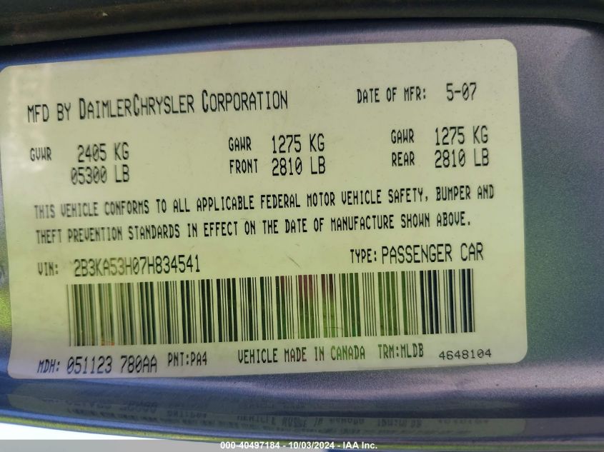 2B3KA53H07H834541 2007 Dodge Charger Rt