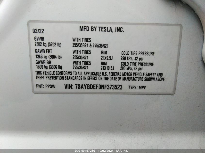 2022 Tesla Model Y Performance Dual Motor All-Wheel Drive VIN: 7SAYGDEF0NF373523 Lot: 40497250