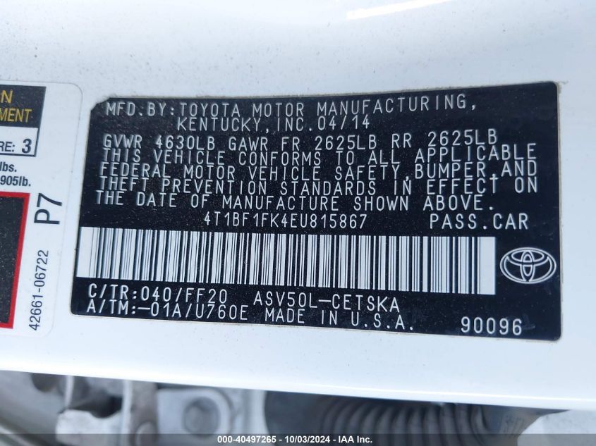 4T1BF1FK4EU815867 2014 Toyota Camry Se