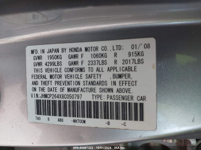 JHMCP264X8C050797 2008 Honda Accord 2.4 Lx-P