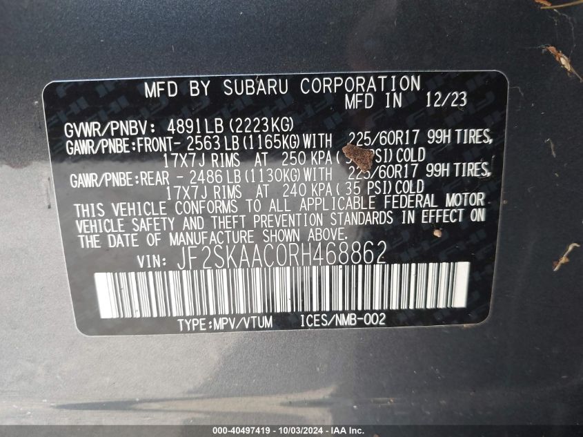 2024 Subaru Forester VIN: JF2SKAAC0RH468862 Lot: 40497419