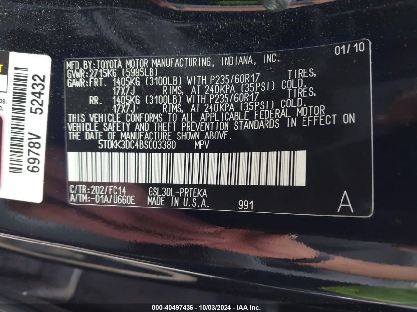 5TDKK3DC4BS003380 2011 Toyota Sienna Le V6