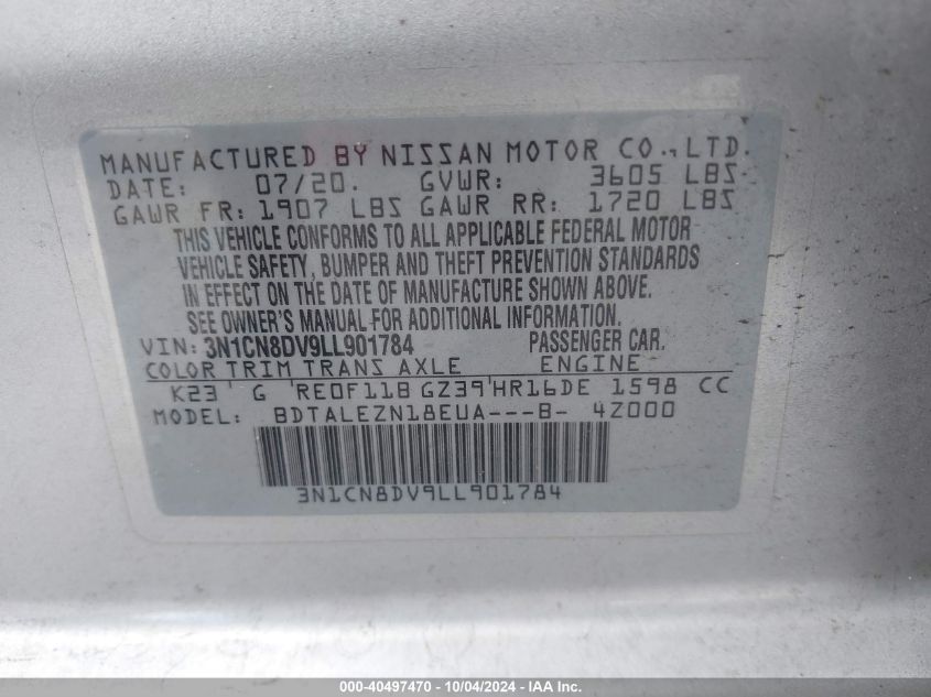 3N1CN8DV9LL901784 2020 Nissan Versa S Xtronic Cvt