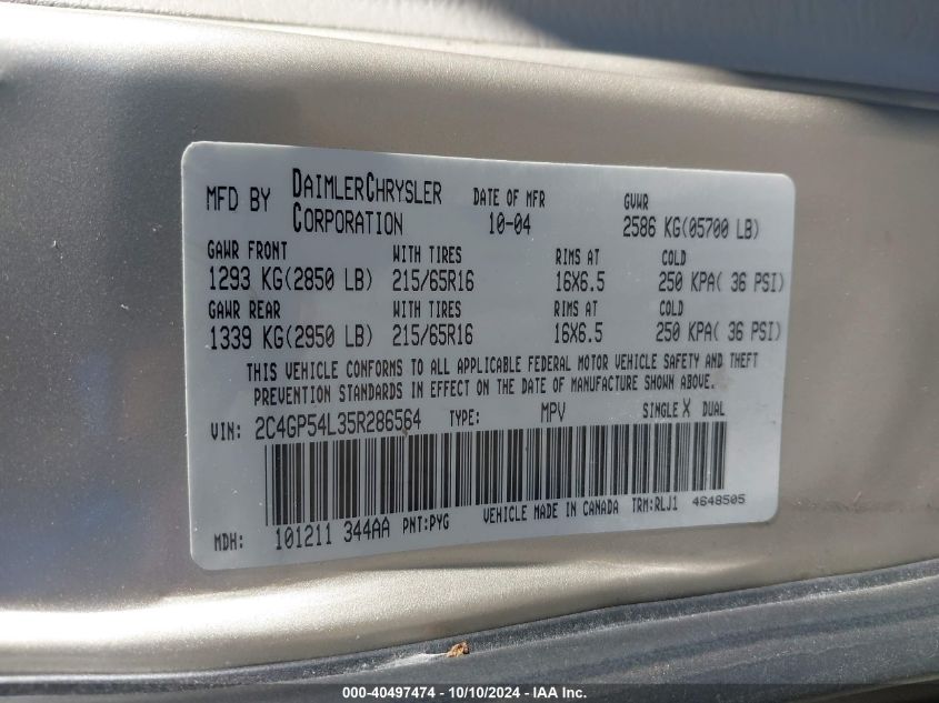 2C4GP54L35R286564 2005 Chrysler Town & Country Touring