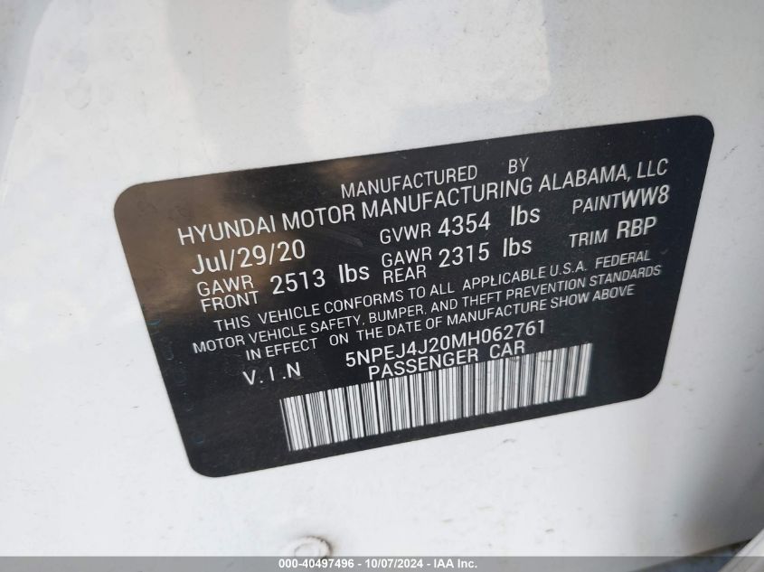 5NPEJ4J20MH062761 2021 Hyundai Sonata Sel Plus