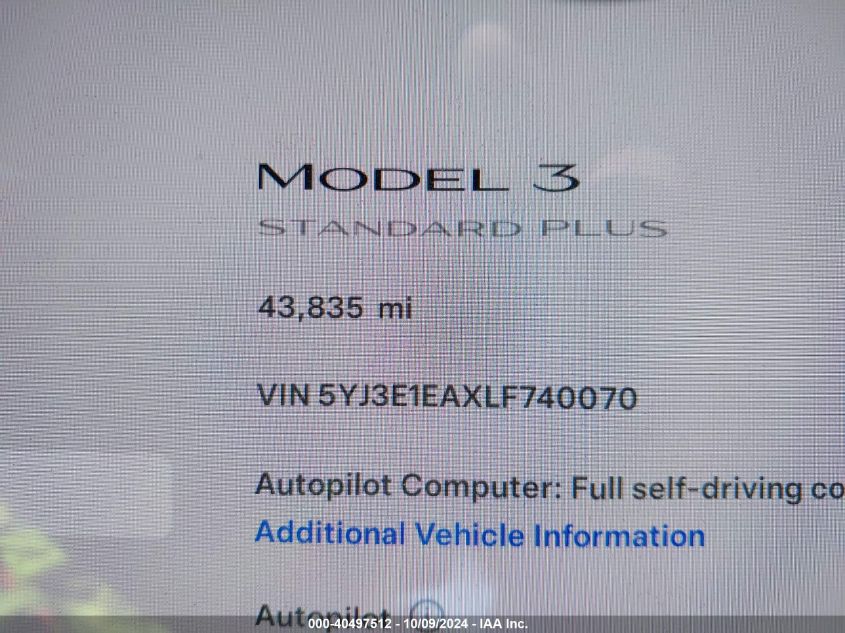 2020 Tesla Model 3 Standard Range Plus Rear-Wheel Drive/Standard Range Rear-Wheel Drive VIN: 5YJ3E1EAXLF740070 Lot: 40497512