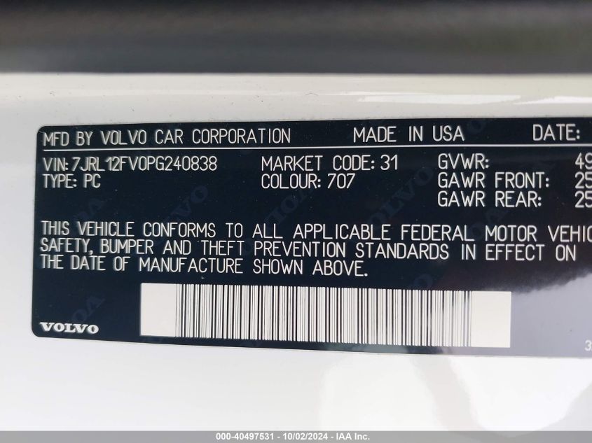 2023 Volvo S60 B5 Core Dark Theme VIN: 7JRL12FV0PG240838 Lot: 40497531