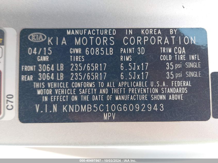 KNDMB5C10G6092943 2016 Kia Sedona Lx