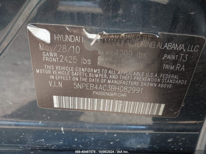 5NPEB4AC3BH082991 2011 Hyundai Sonata Gls