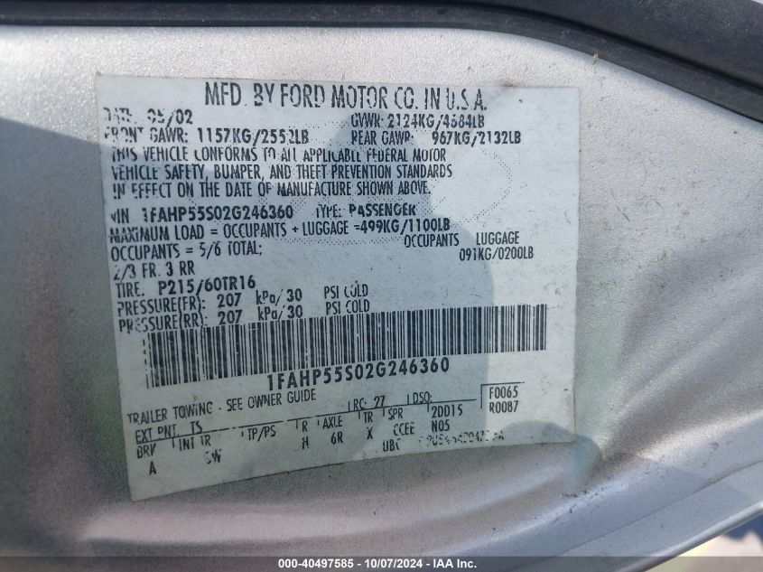 1FAHP55S02G246360 2002 Ford Taurus Ses