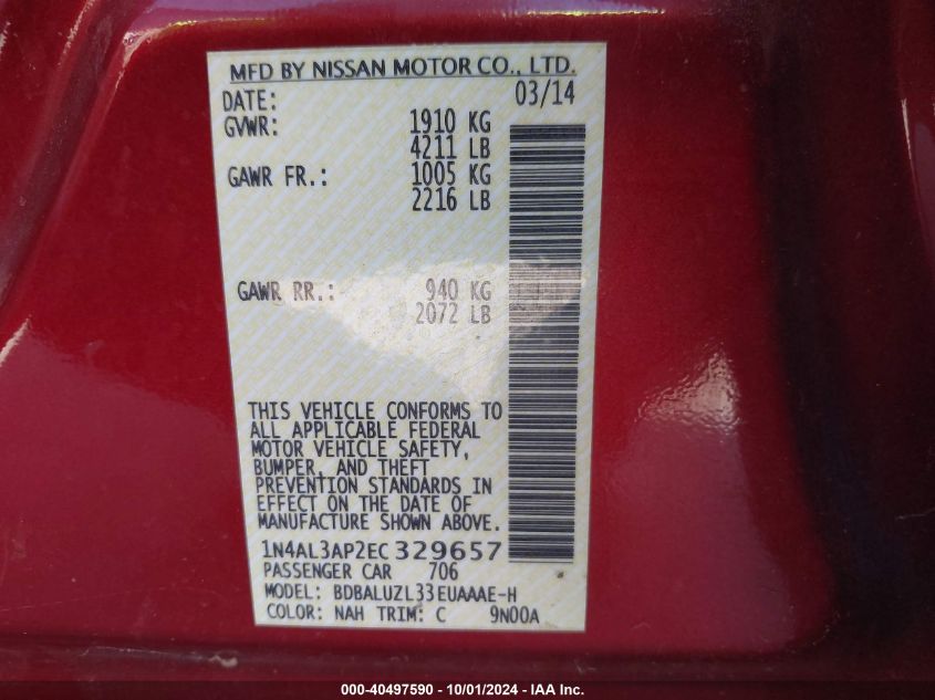 1N4AL3AP2EC329657 2014 Nissan Altima 2.5 Sv