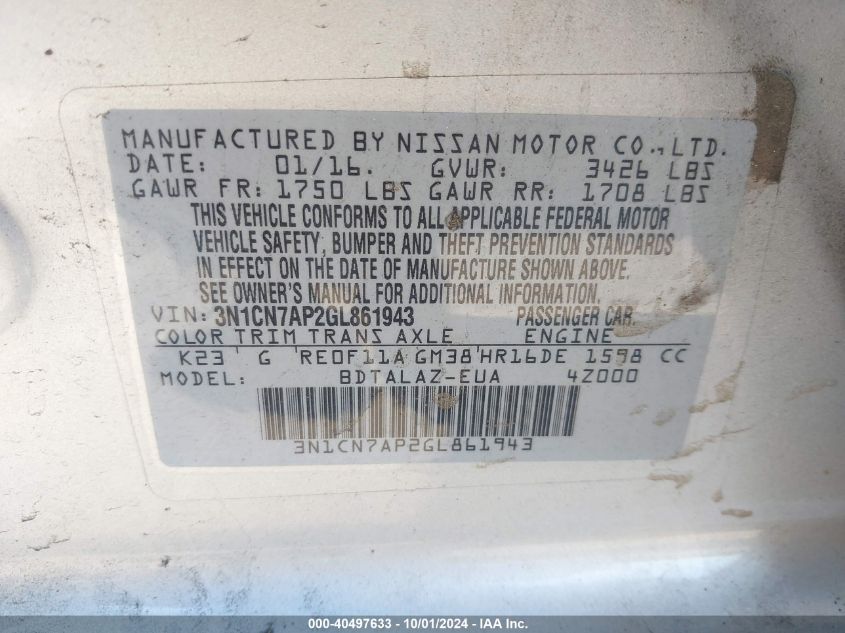 3N1CN7AP2GL861943 2016 Nissan Versa 1.6 S+