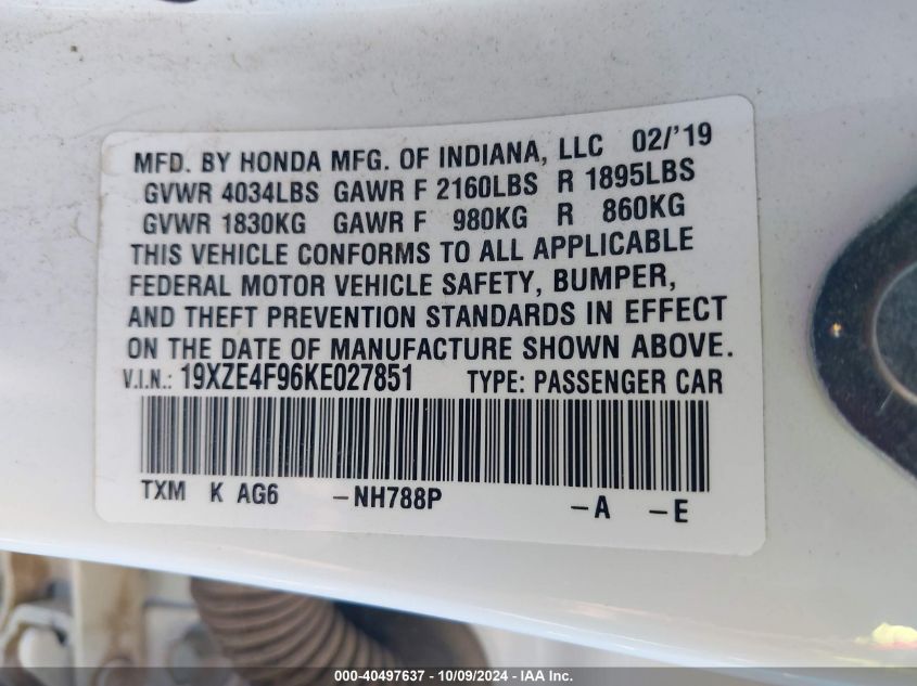 2019 Honda Insight Touring VIN: 19XZE4F96KE027851 Lot: 40497637