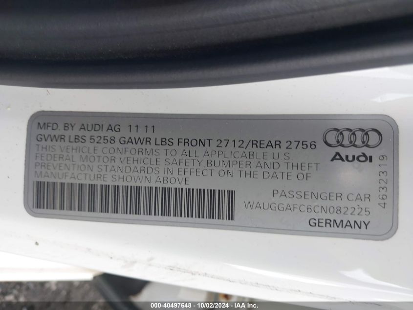 2012 Audi A6 3.0 Premium VIN: WAUGGAFC6CN082225 Lot: 40497648