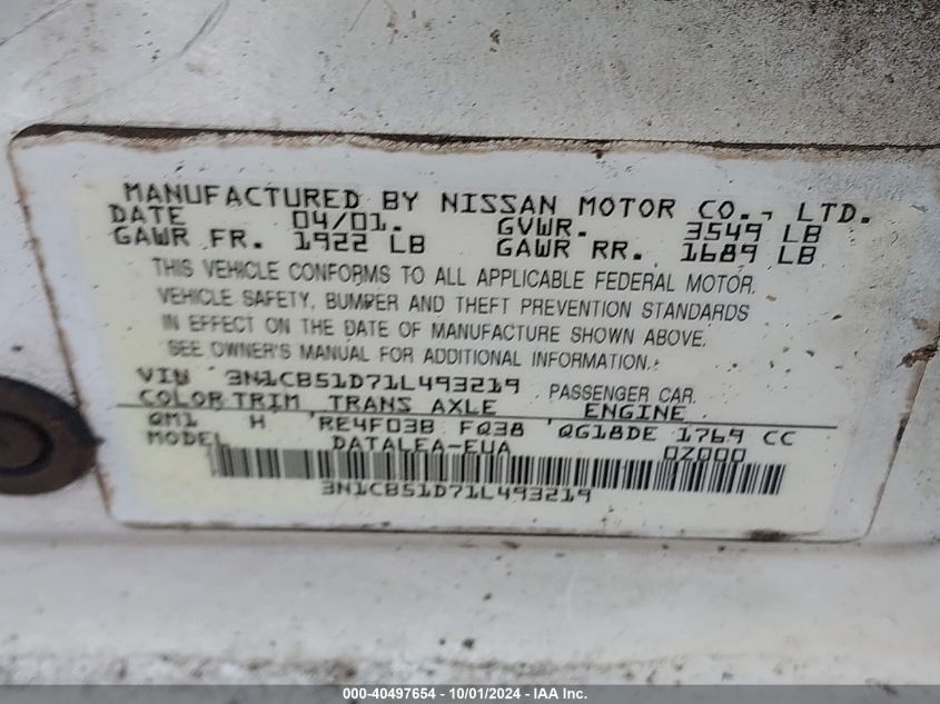 3N1CB51D71L493219 2001 Nissan Sentra Gxe