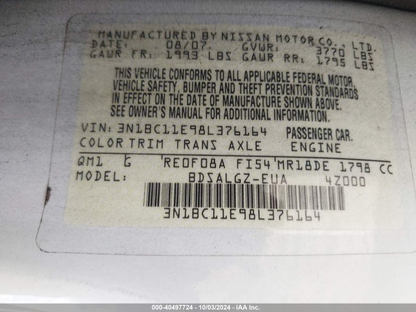 3N1BC11E98L376164 2008 Nissan Versa 1.8Sl