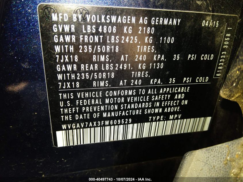 WVGAV7AX3FW609529 2015 Volkswagen Tiguan Se