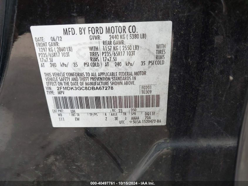 2013 Ford Edge Se VIN: 2MDK3GC8DBA67278 Lot: 40497761