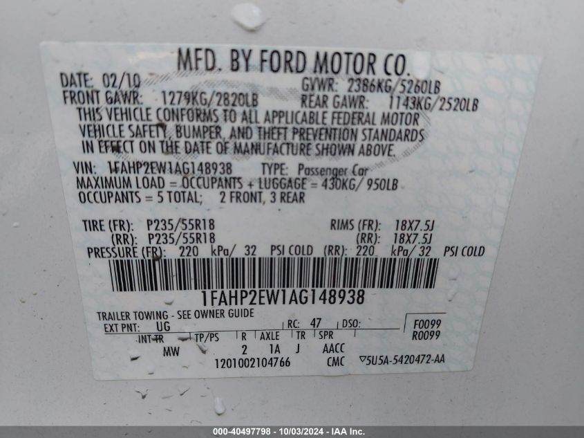 1FAHP2EW1AG148938 2010 Ford Taurus Sel