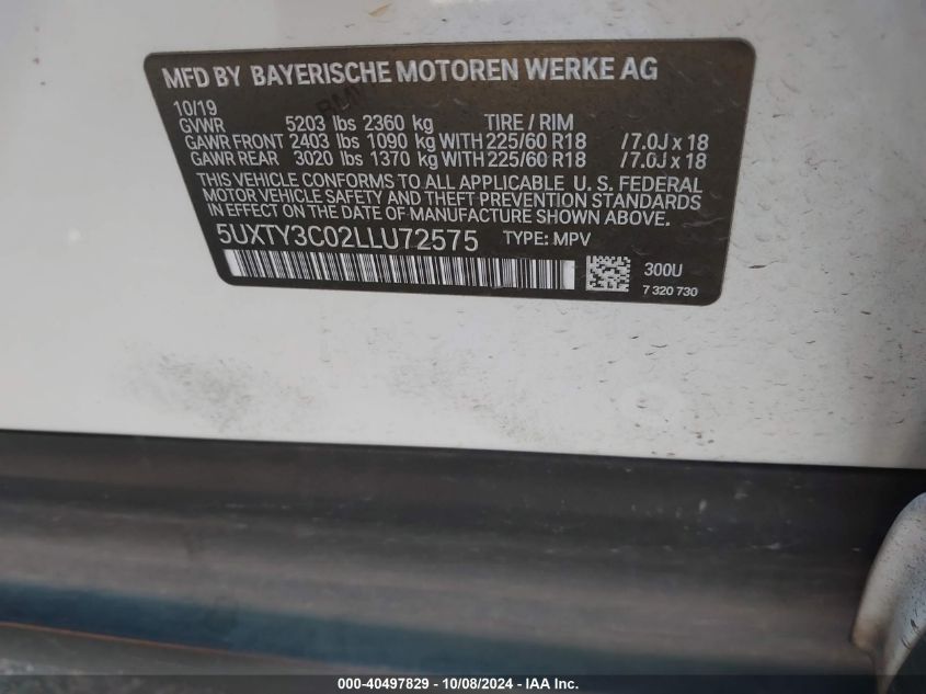 2020 BMW X3 Sdrive30I VIN: 5UXTY3C02LLU72575 Lot: 40497829